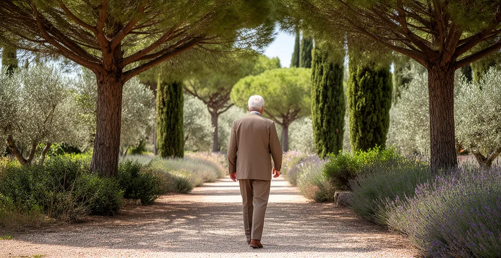 Senior marchant dans un parc méditerranéen ombragé