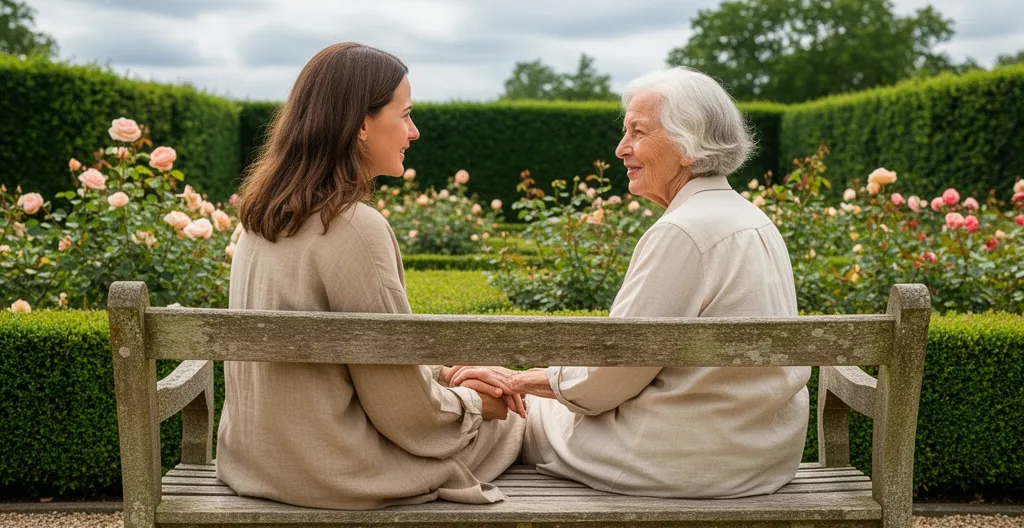 Famille en visite dans le jardin d'un établissement pour seniors