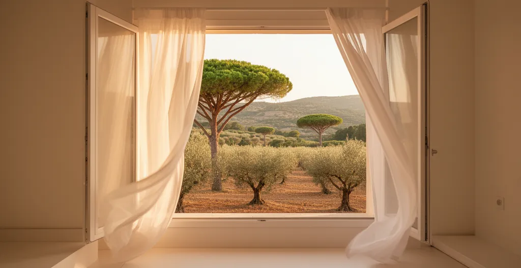 Vue sur les collines provençales depuis une fenêtre avec voilage